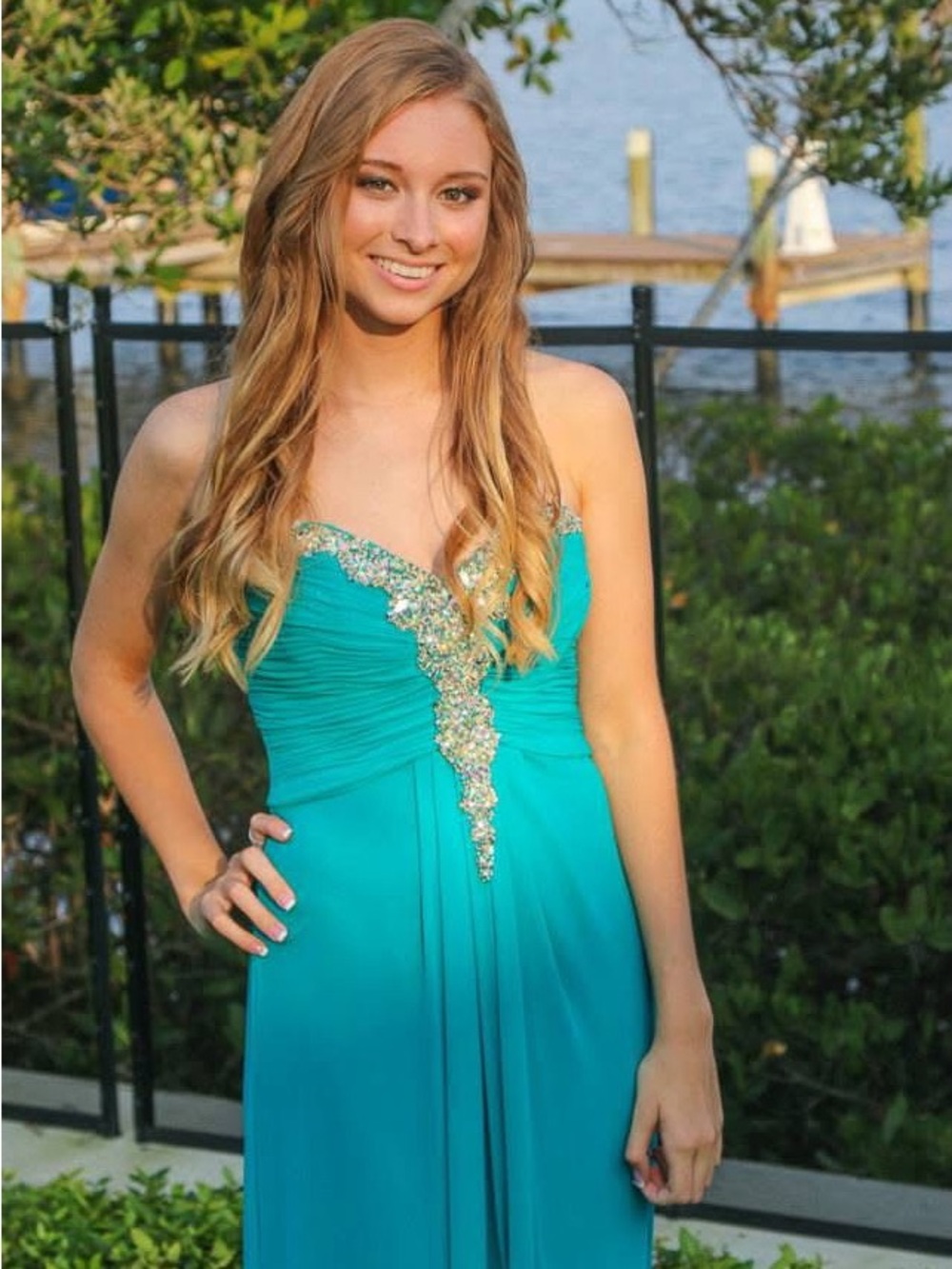 Teal Beaded Spaghetti-Strap Evening Dress